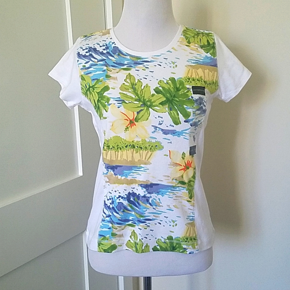 NWT Vintage Liz Claiborne Multicolored floral Hawaiian short-sleeved tee Size SP